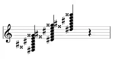 Sheet music of D# 7b9#11 in three octaves